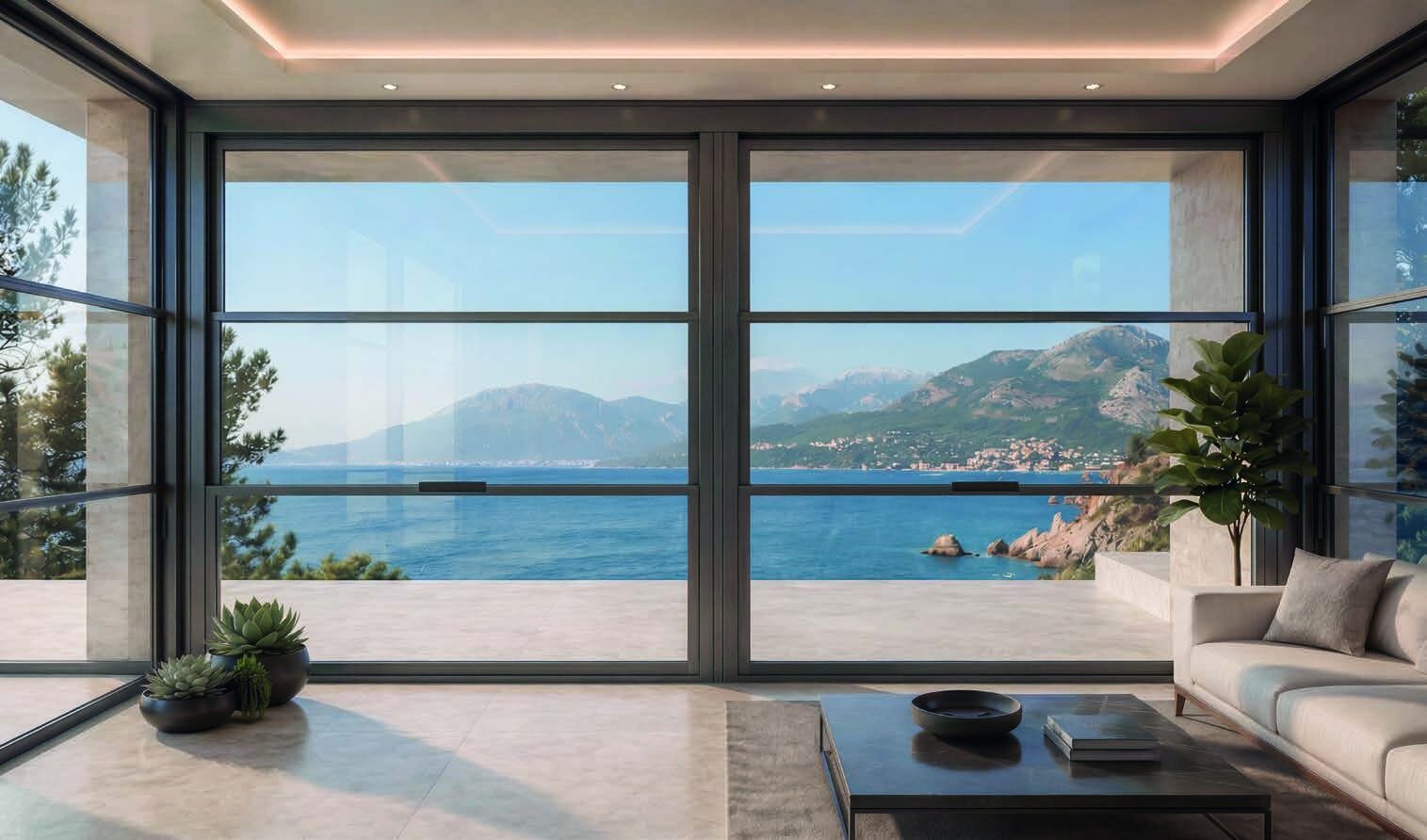 Motorized Guillotine Glass Walls, Linshia aluminum system installed by Canata Construction